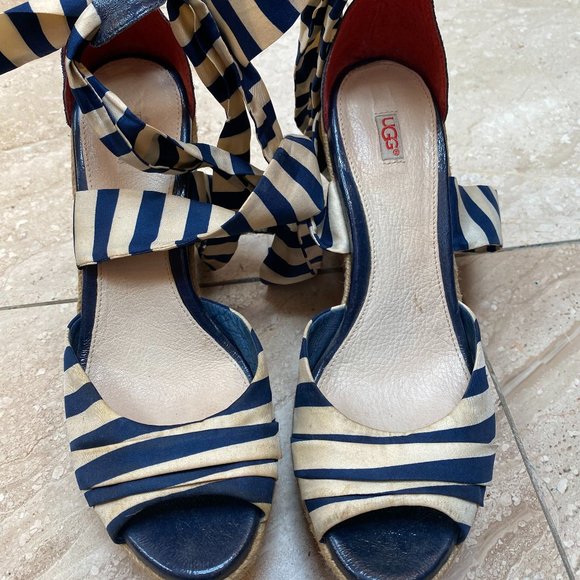 UGG Lucianna Espadrille Wedge Sandal Tie-Up Blue & Ivory Stripe - Size 8 - Picture 1 of 7